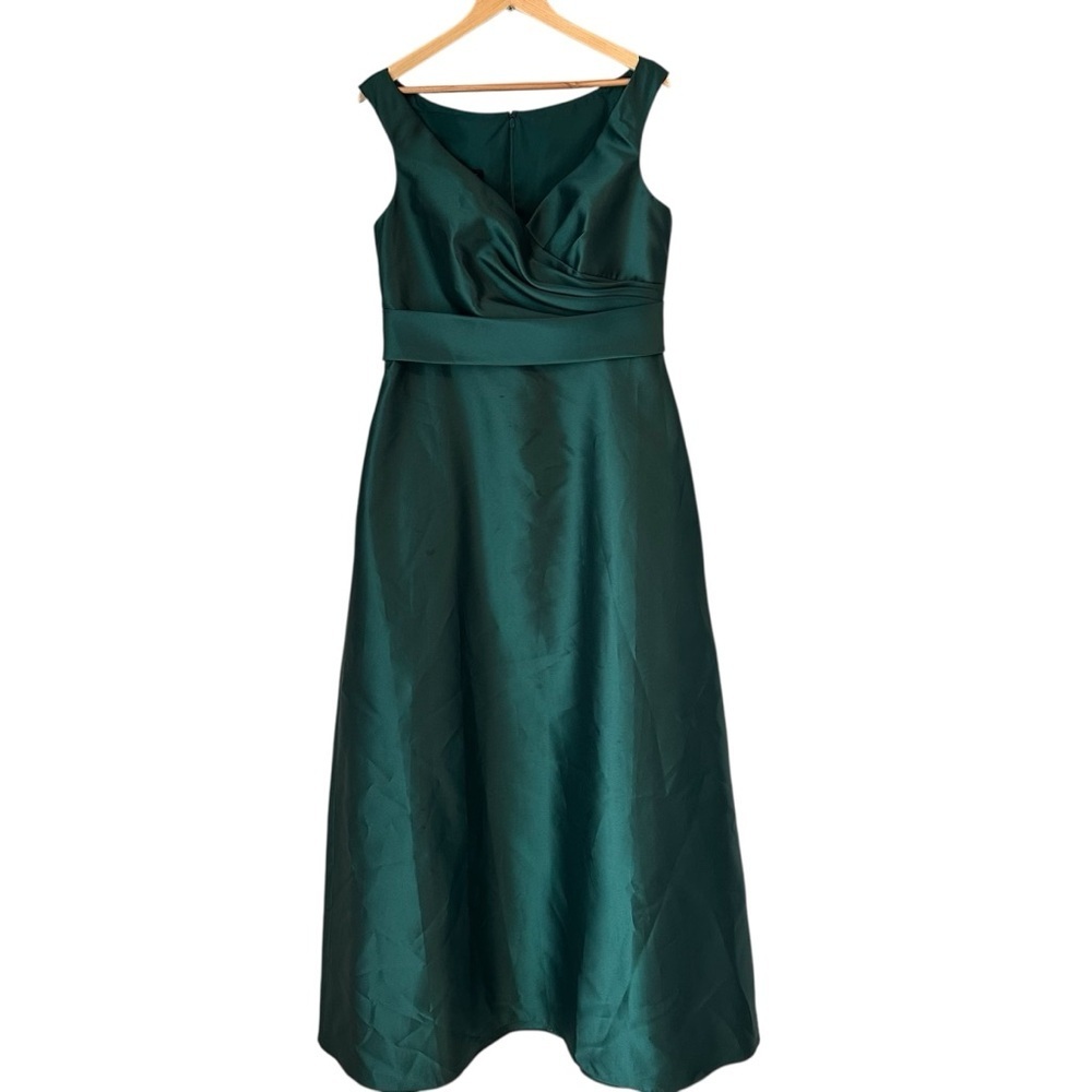 Alfred Sung Off-the-Shoulder Draped Wrap Satin Maxi Dress Hunter Green, size 14 - Picture 5 of 13